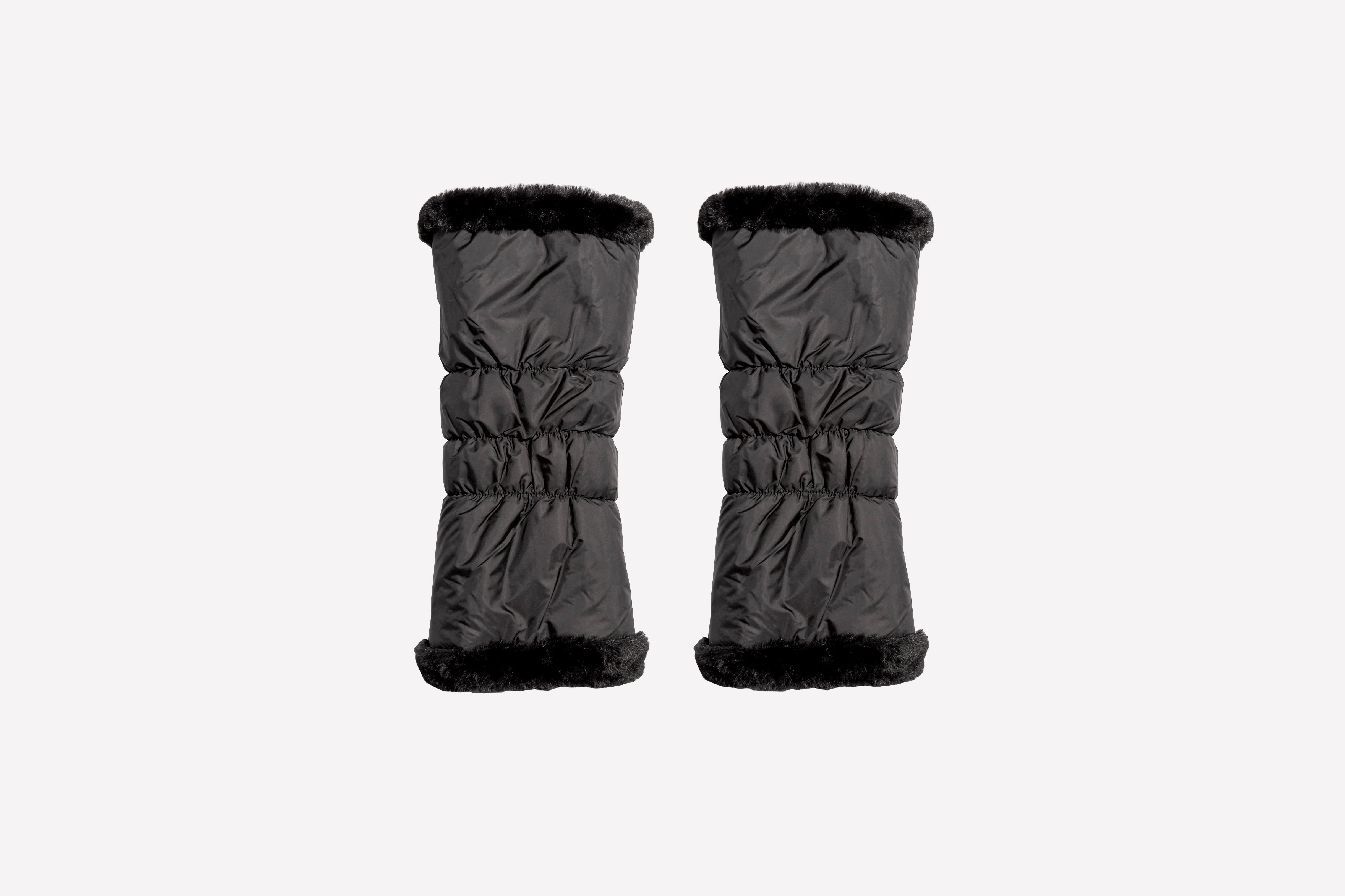 warmth black reversible puffer fabric & faux fur leg warmers