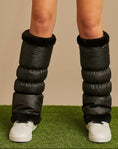 Load image into Gallery viewer, NEW! warmth sport flipfit metallic black reversible zip up puffer fabric & faux fur leg warmers