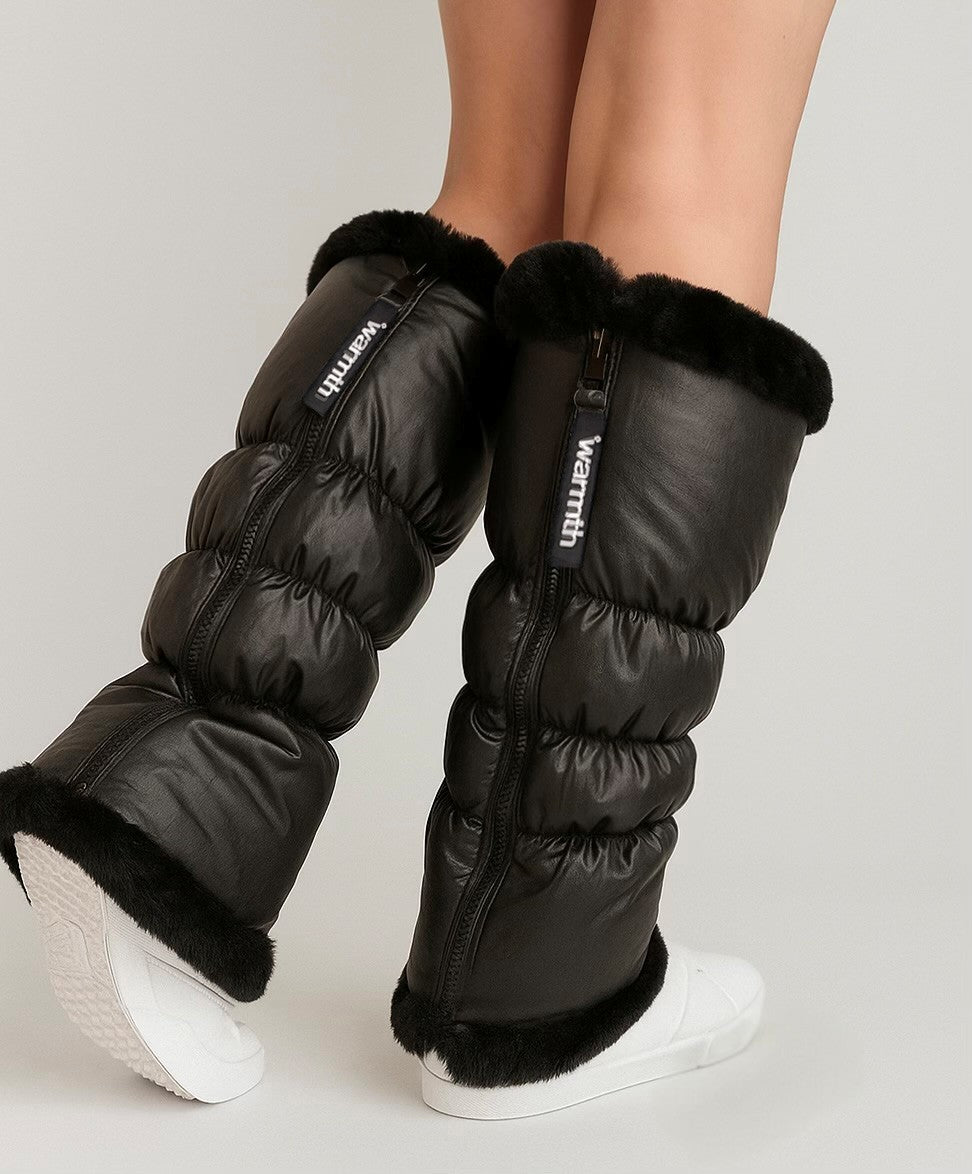 NEW! warmth sport flipfit metallic black reversible zip up puffer fabric & faux fur leg warmers
