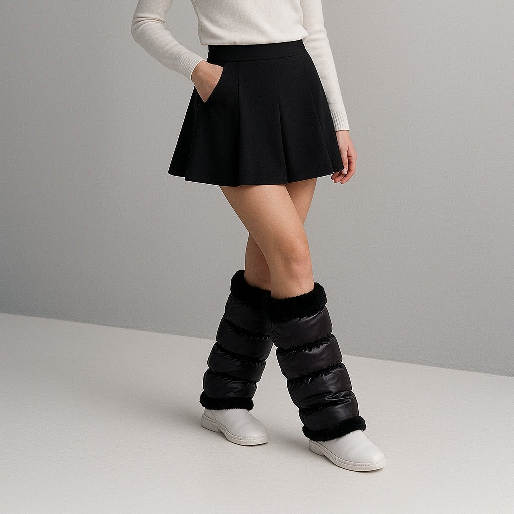 NEW! warmth sport flipfit metallic black reversible zip up puffer fabric & faux fur leg warmers