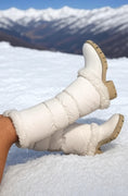 Load image into Gallery viewer, warmth sport flipfit white reversible zip up puffer fabric & faux fur leg warmers