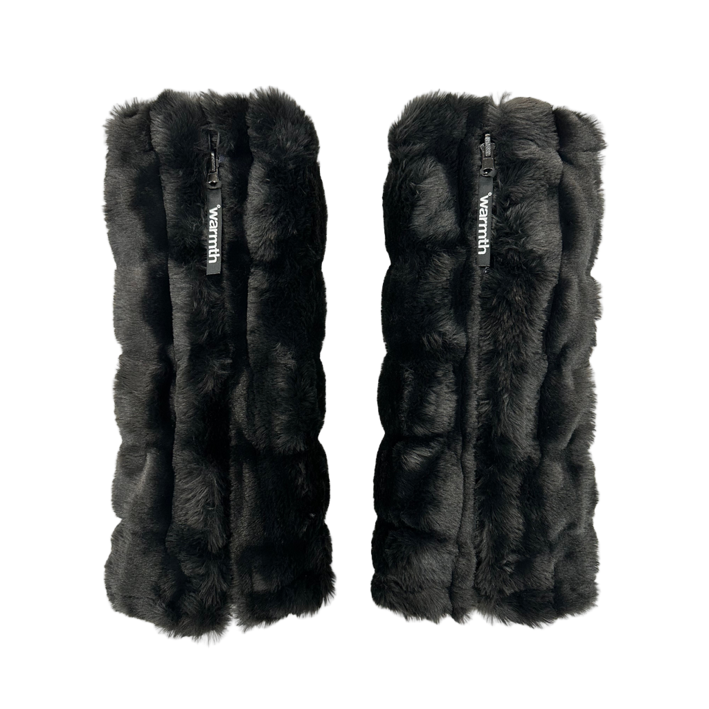 NEW! warmth flipfit metallic black reversible zip up puffer fabric & faux fur leg warmers