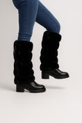 Load image into Gallery viewer, warmth black reversible puffer fabric & faux fur leg warmers
