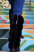 Load image into Gallery viewer, warmth black reversible puffer fabric & faux fur leg warmers
