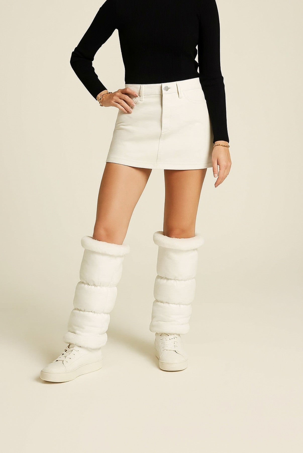 warmth white reversible puffer fabric & faux fur leg warmers