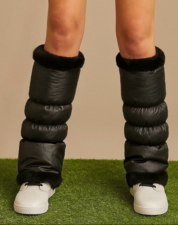 NEW! warmth sport flipfit metallic black reversible zip up puffer fabric & faux fur leg warmers