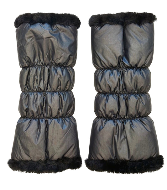 NEW! warmth sport flipfit metallic black reversible zip up puffer fabric & faux fur leg warmers