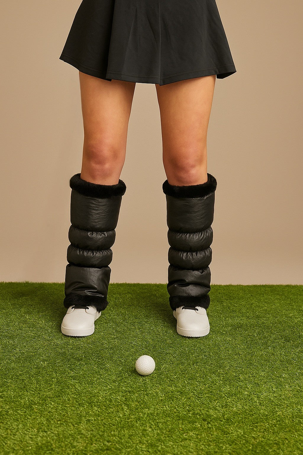 NEW! warmth sport flipfit metallic black reversible zip up puffer fabric & faux fur leg warmers