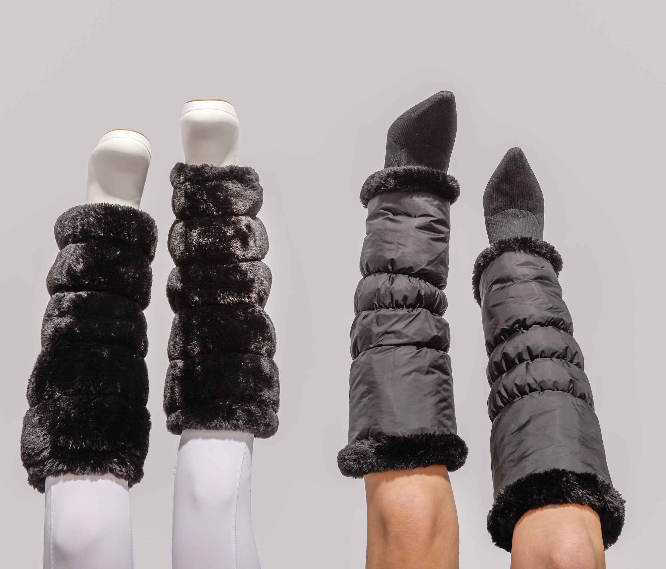 warmth flip fit black reversible zip up puffer fabric & faux fur leg warmers