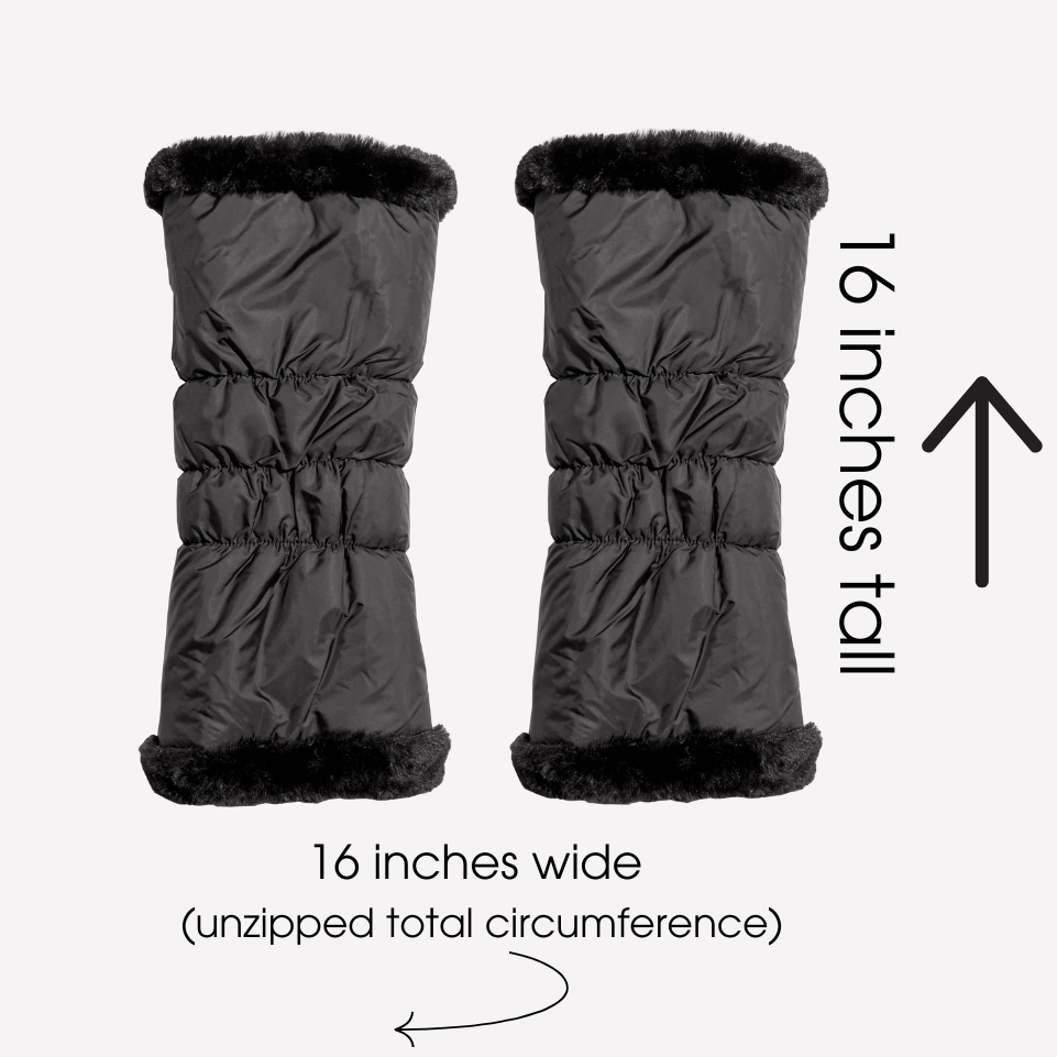 warmth flip fit black reversible zip up puffer fabric & faux fur leg warmers