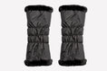 Load image into Gallery viewer, Pair of black winter leg warmers with black fur trim on a white background
