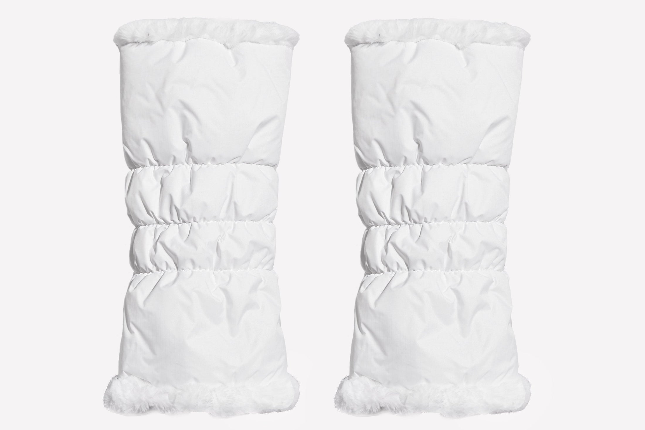 warmth flip fit white reversible zip up puffer fabric & faux fur leg warmers