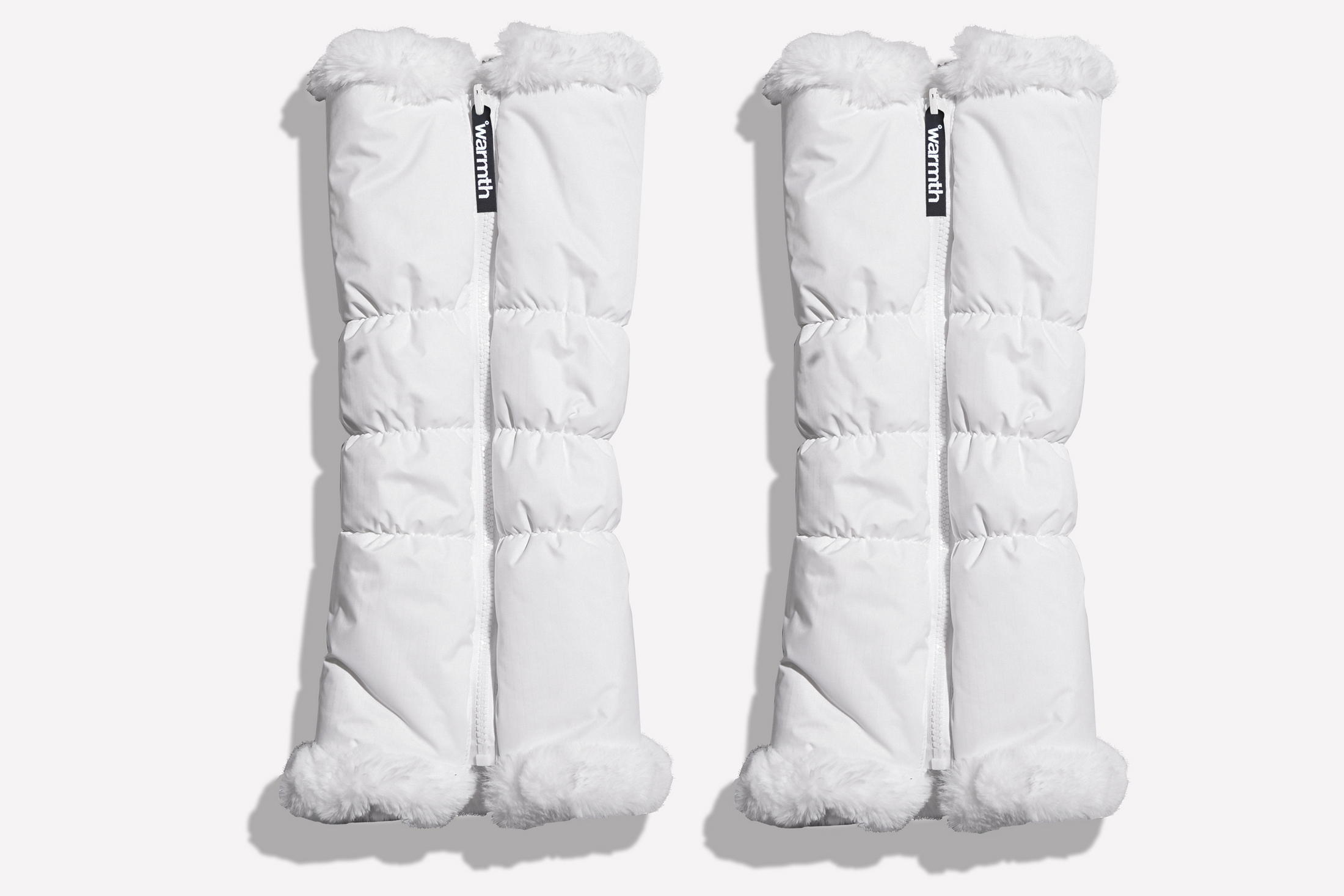 warmth flip fit white reversible zip up puffer fabric & faux fur leg warmers