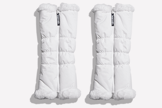 warmth flip fit white reversible zip up puffer fabric & faux fur leg warmers