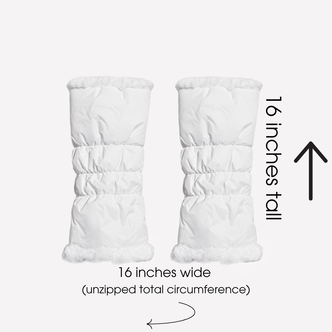 warmth flip fit white reversible zip up puffer fabric & faux fur leg warmers